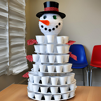 muñeco de nieve hecho con vasos de plastico