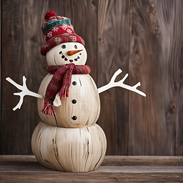 foto de un muñeco de nieve hecho de madera